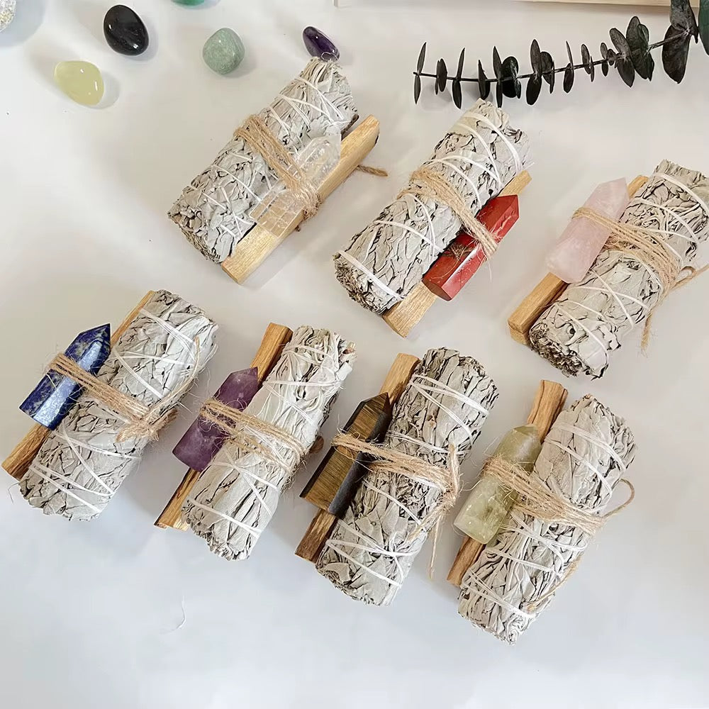 Sage & Palo Santo Smudge Kit with Crystal – Energy Cleansing Set