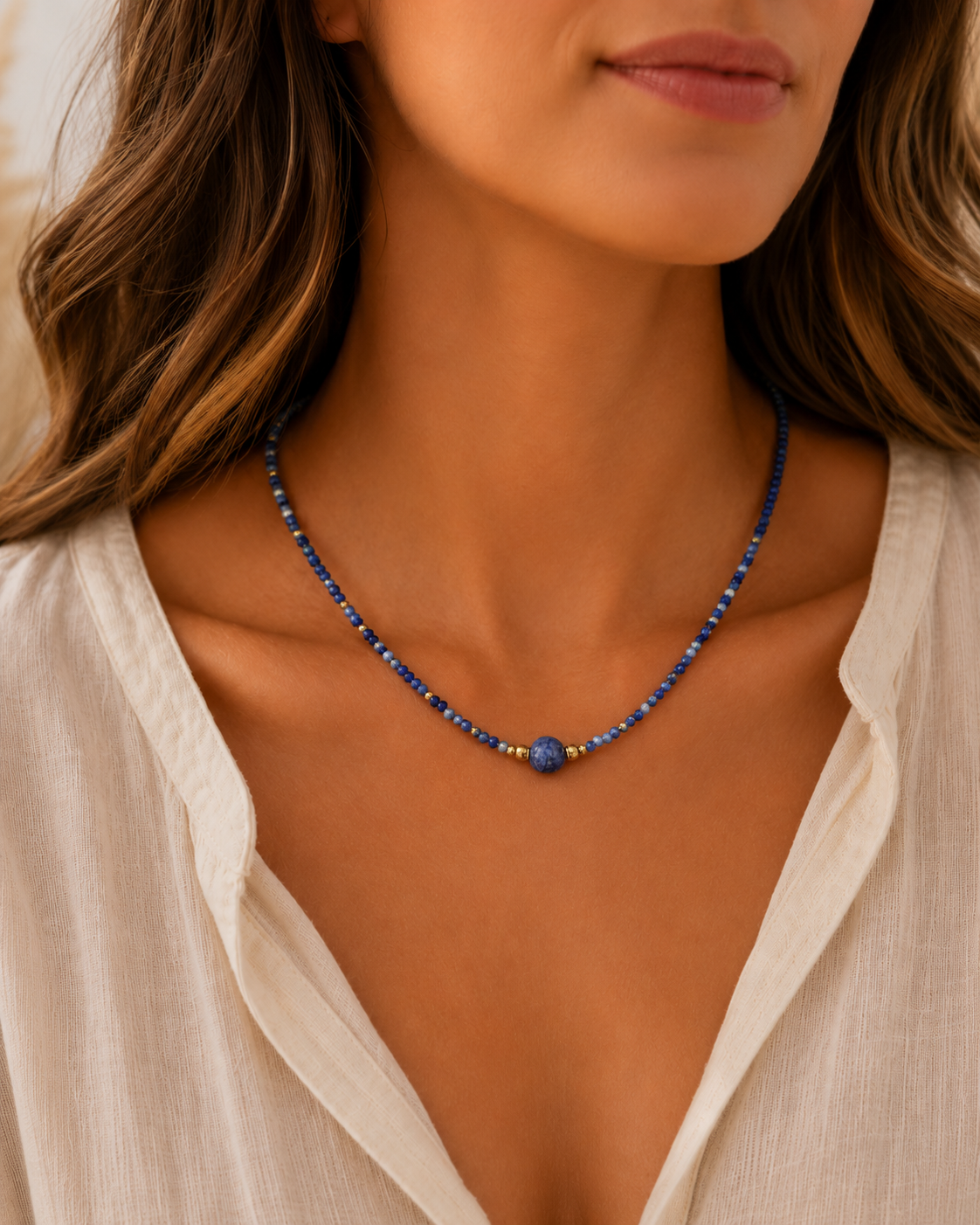 Natural Lapis Lazuli Beaded Necklace | 18K Gold Accents | Spiritual Jewellery