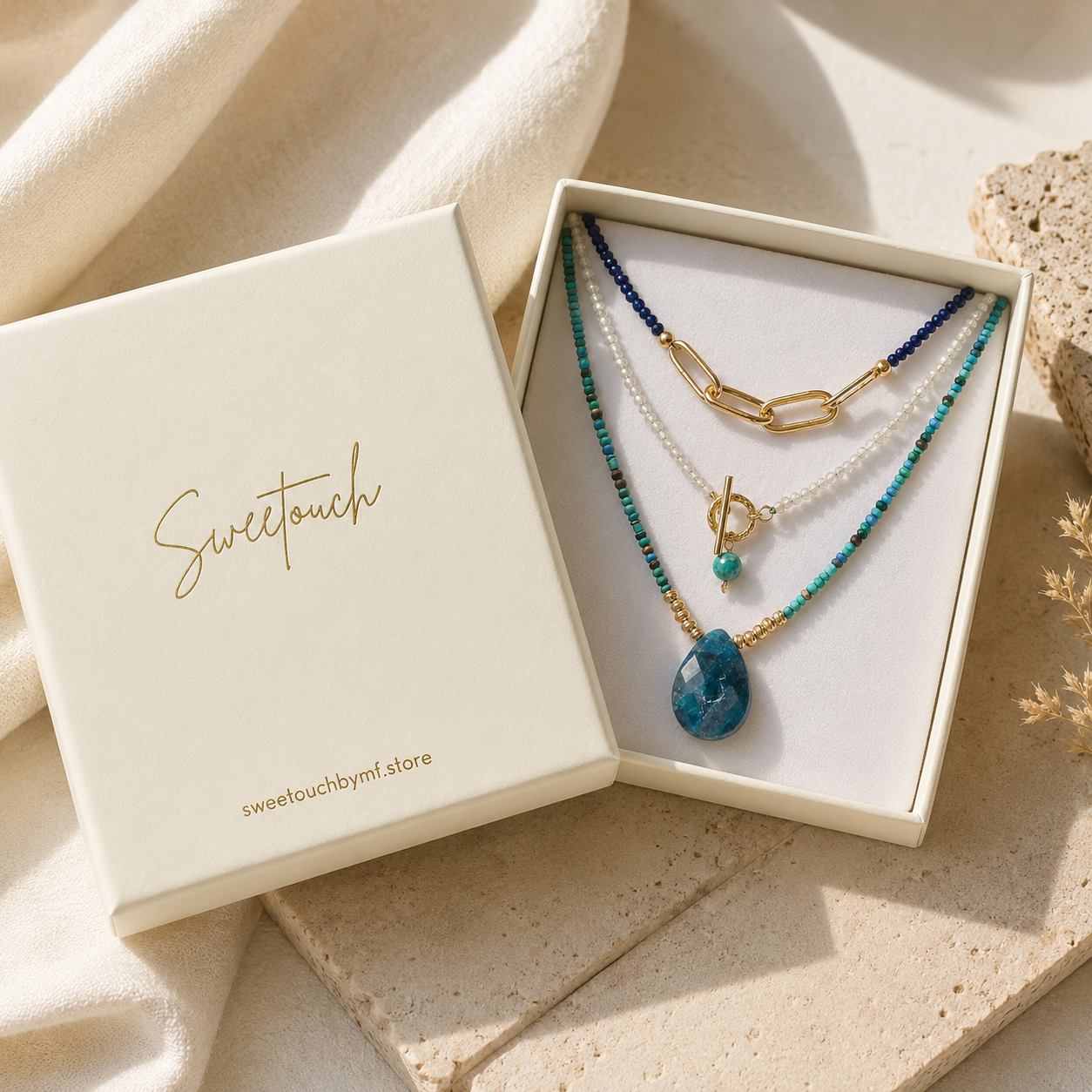 Blue Gemstone Layered Necklace | Natural Stone Boho Jewelry | SweetTouch
