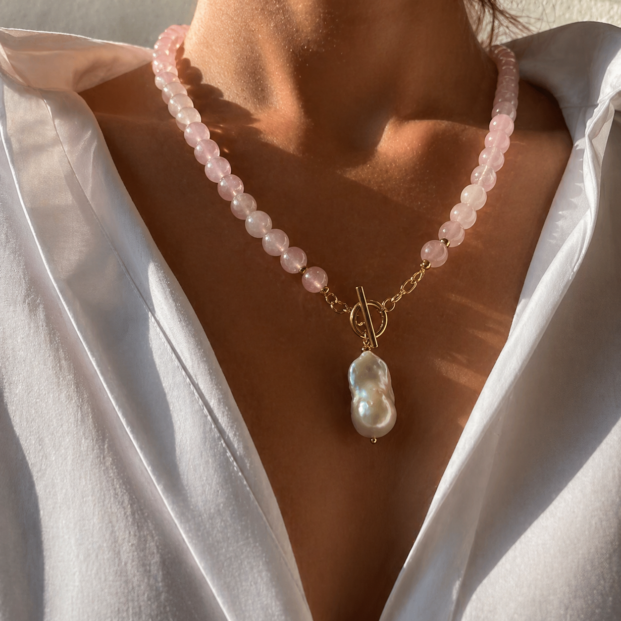 Rose Quartz Beaded Necklace with Genuine Baroque Pearl Pendant | Heart Chakra Jewellery