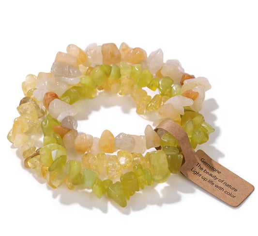 3 Set Natural Stone Crystal Chip Bracelets – Elastic Multi-Layer Design