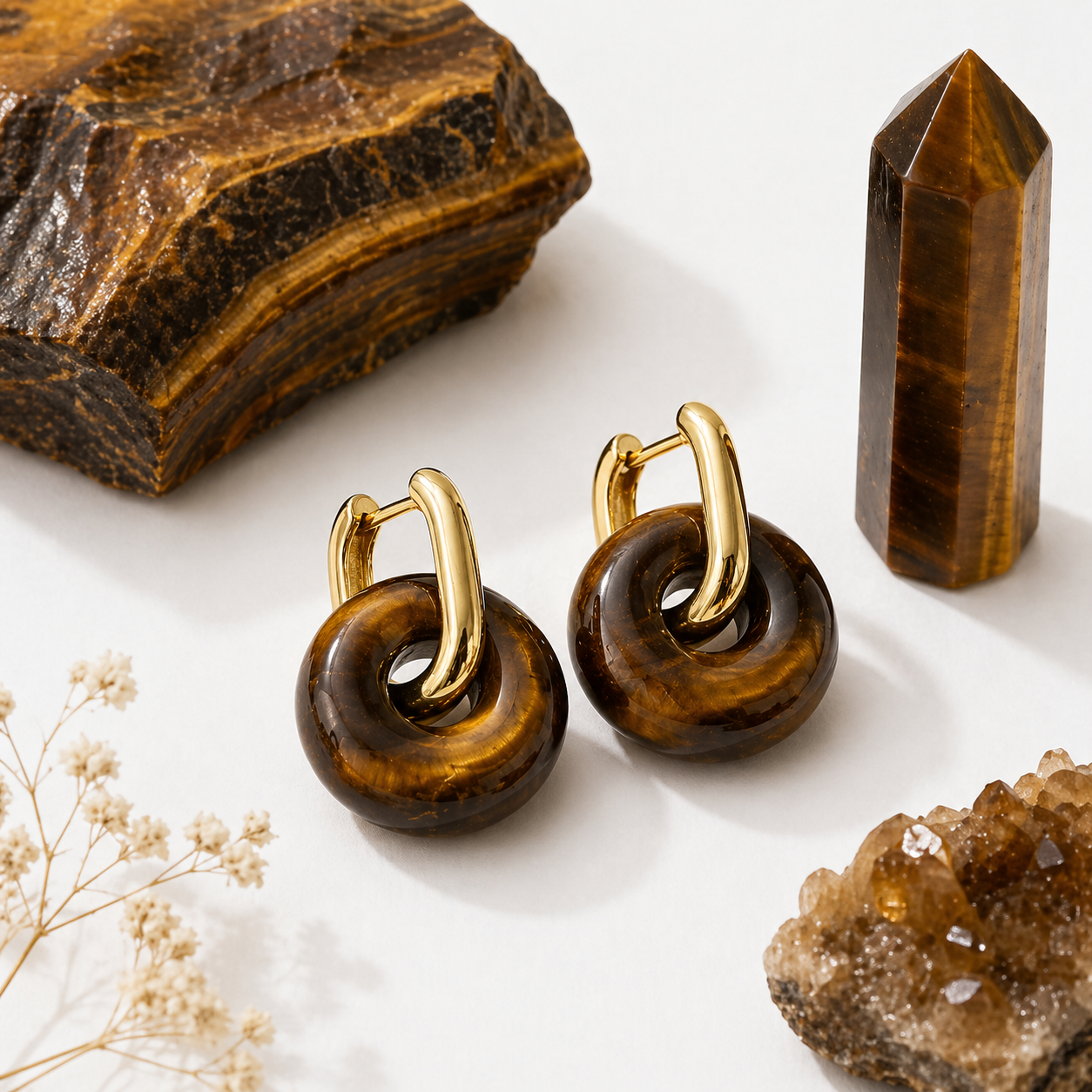 Donut Huggie Earrings – 18K Gold Plated with Natural Stones