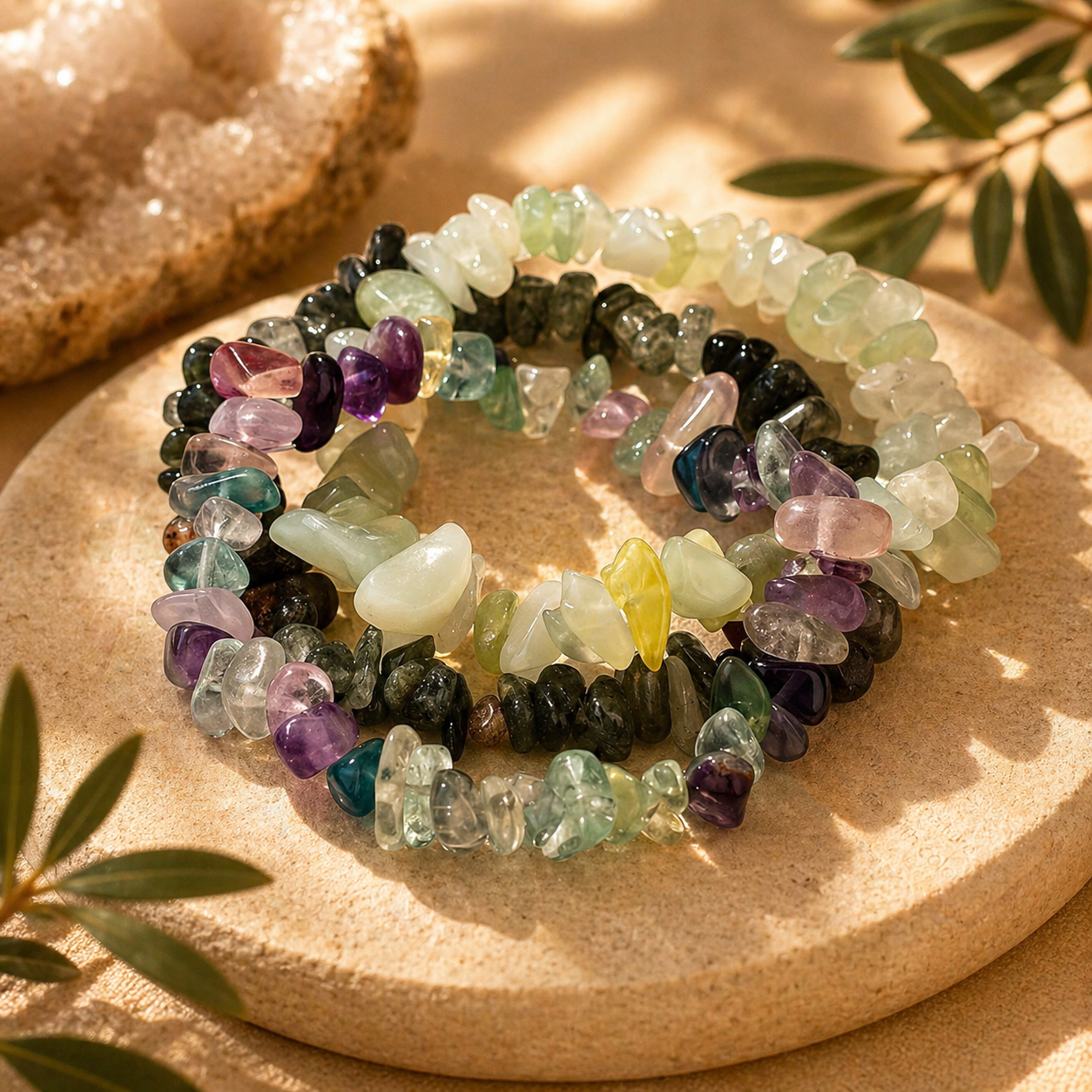 3 Set Natural Stone Crystal Chip Bracelets – Elastic Multi-Layer Design