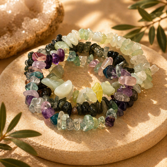 3 Set Natural Stone Crystal Chip Bracelets – Elastic Multi-Layer Design