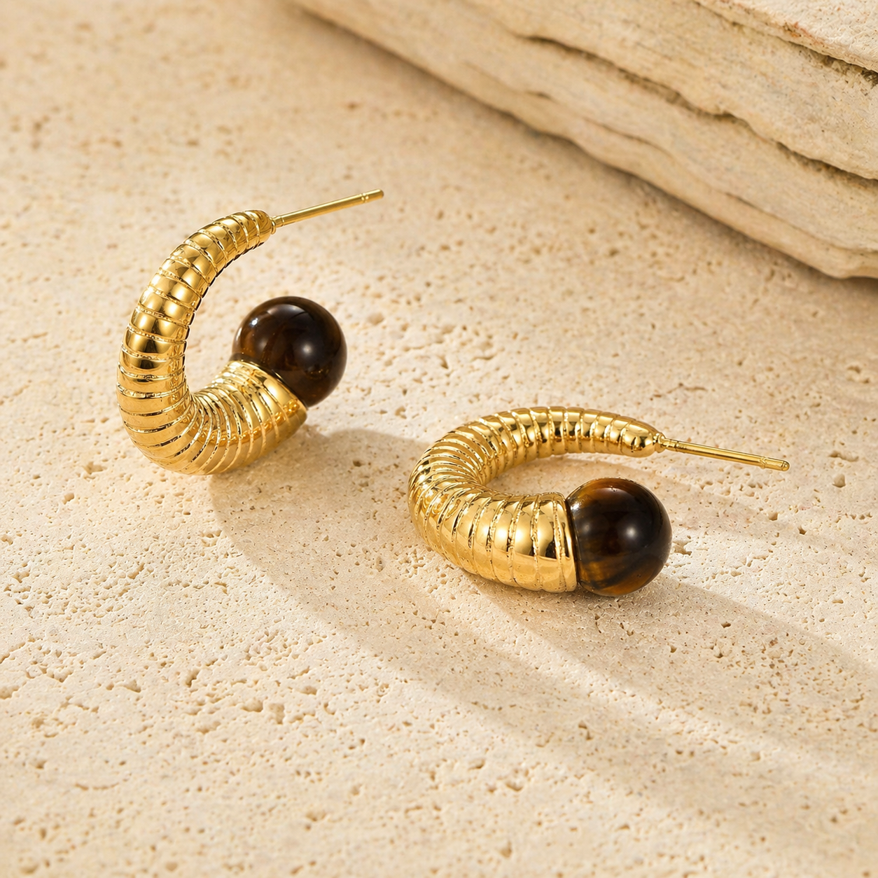 Earrings with Natural Tiger Eye Stone