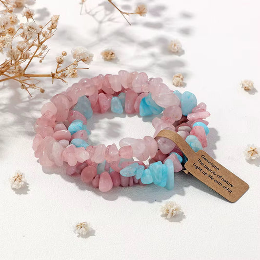 3 Set Natural Stone Crystal Chip Bracelets – Elastic Multi-Layer Design