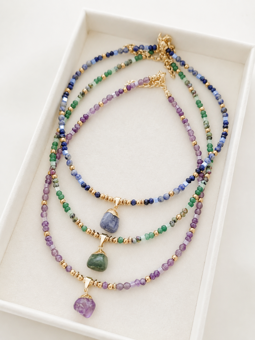 Natural Crystal Beaded Necklace | Green Aventurine, Lapis Lazuli & Amethyst | Gold-Tone Gemstone Jewelry