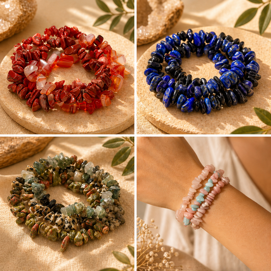 3 Set Natural Stone Crystal Chip Bracelets – Elastic Multi-Layer Design