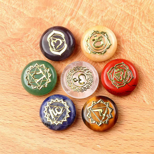 7 Chakra Crystal Disc Set with Reiki Symbols – Energy Healing Stones