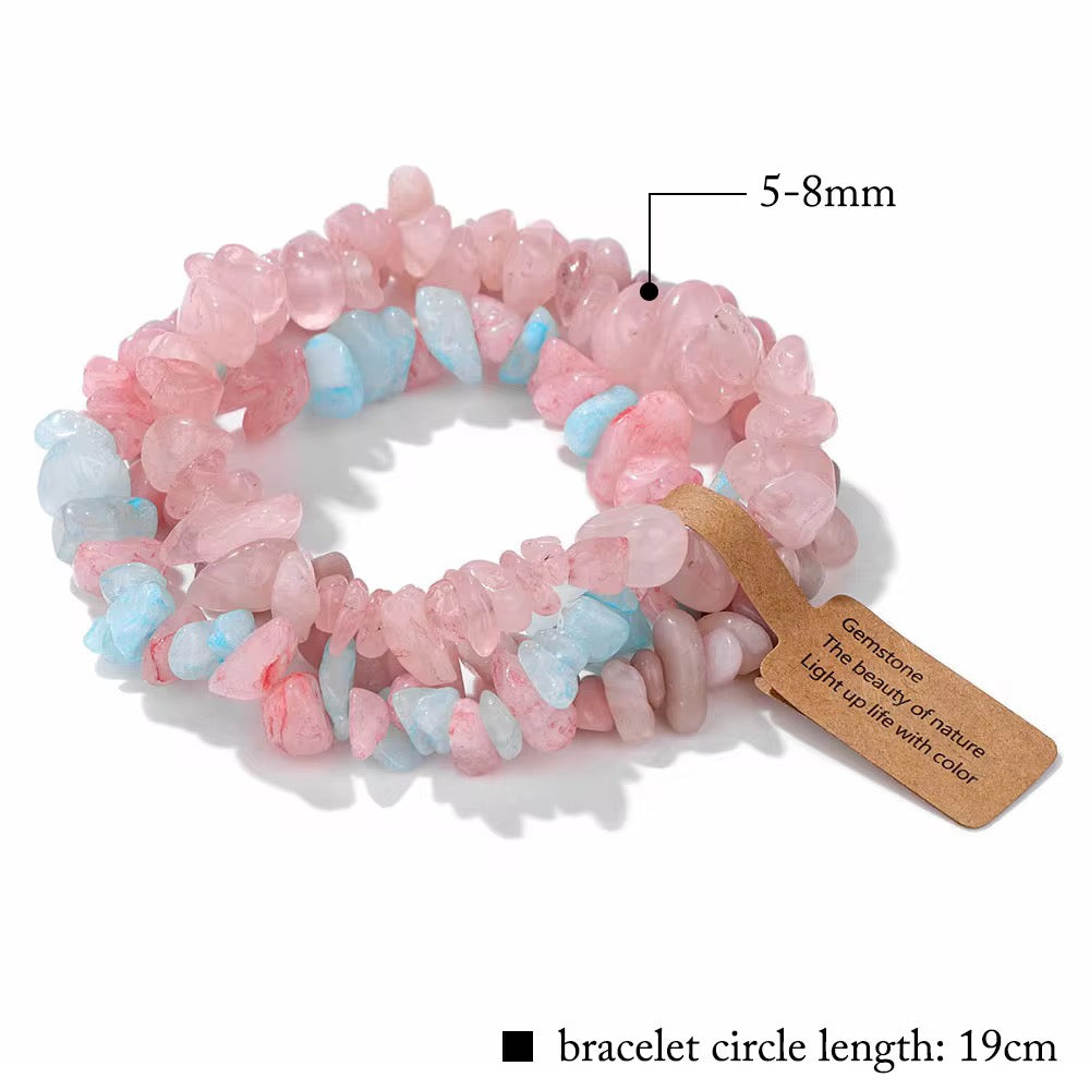3 Set Natural Stone Crystal Chip Bracelets – Elastic Multi-Layer Design