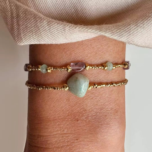 Natural Stone & Gold Beaded Bracelet | Adjustable Crystal Bracelet