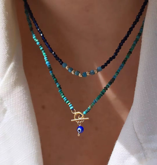 Handmade Lapis Lazuli Beaded Necklace | Evil Eye Pendant | Spiritual Jewelry for Protection & Intuition