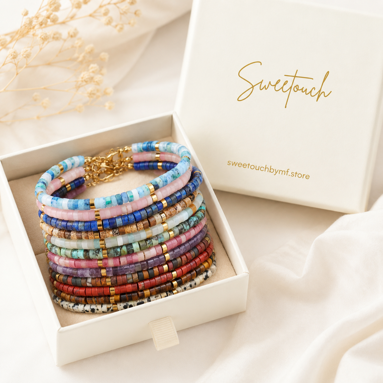 Natural Stone Beaded Bracelet | 18K Gold PVD Bracelet | Adjustable Crystal Jewellery