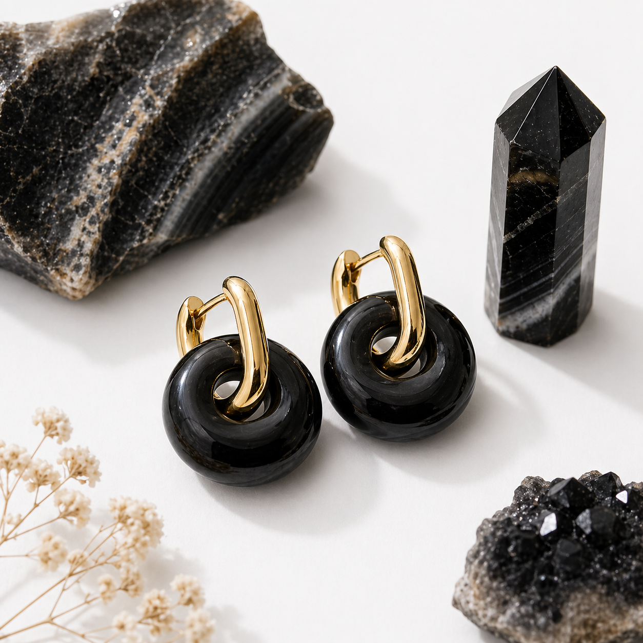 Donut Huggie Earrings – 18K Gold Plated with Natural Stones