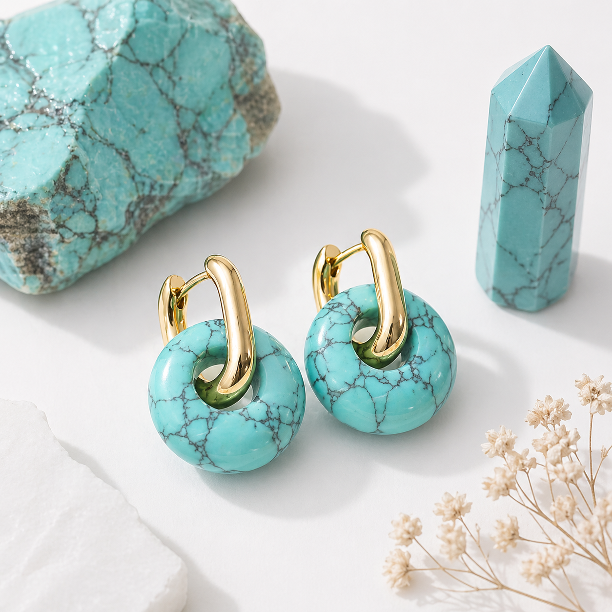 Donut Huggie Earrings – 18K Gold Plated with Natural Stones