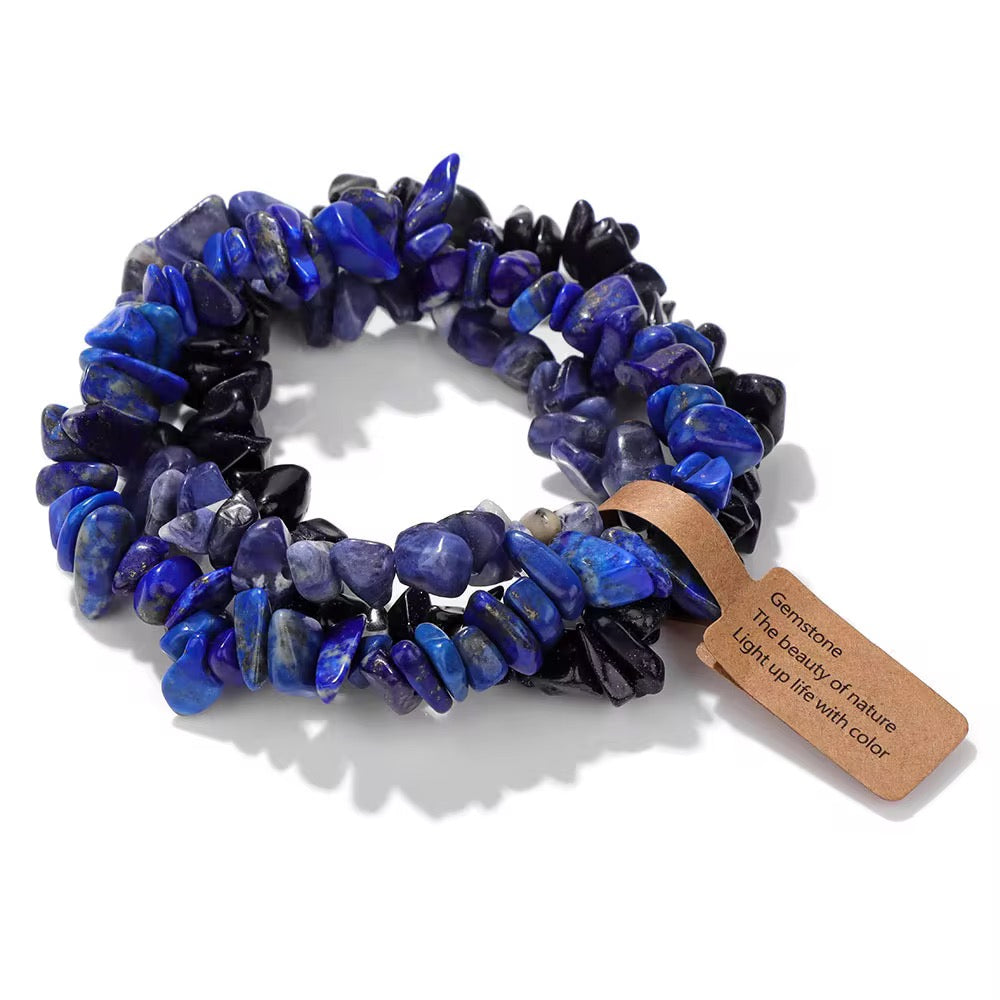 3 Set Natural Stone Crystal Chip Bracelets – Elastic Multi-Layer Design