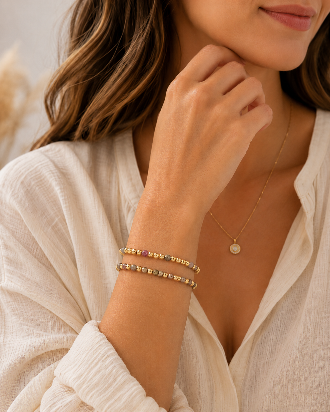 Gold Beaded Natural Stone Bracelet Set | Stackable Women’s Jewelry | SweetTouch