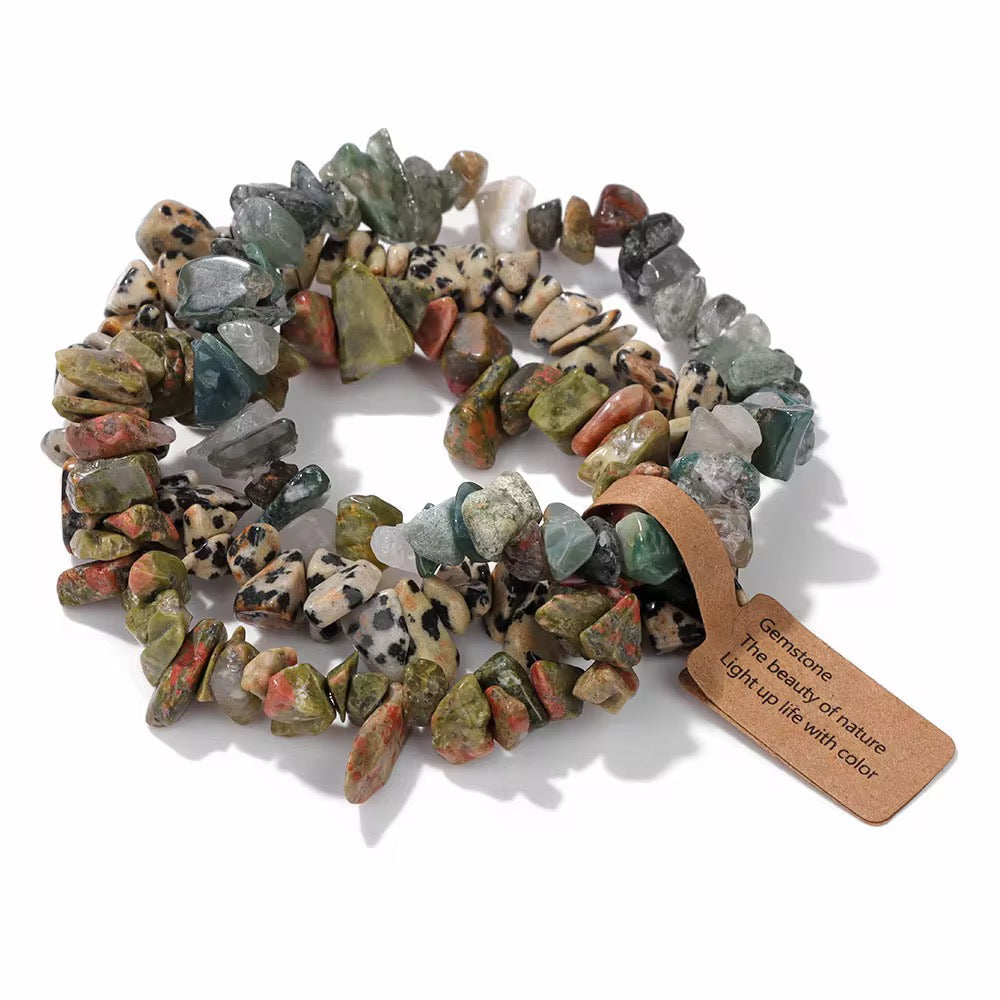 3 Set Natural Stone Crystal Chip Bracelets – Elastic Multi-Layer Design