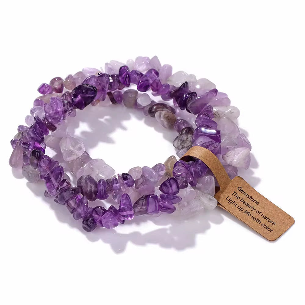 3 Set Natural Stone Crystal Chip Bracelets – Elastic Multi-Layer Design
