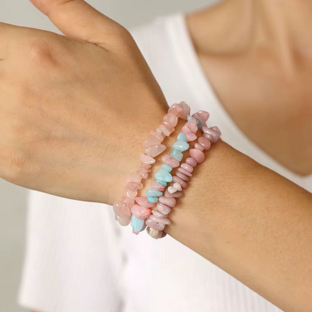 3 Set Natural Stone Crystal Chip Bracelets – Elastic Multi-Layer Design