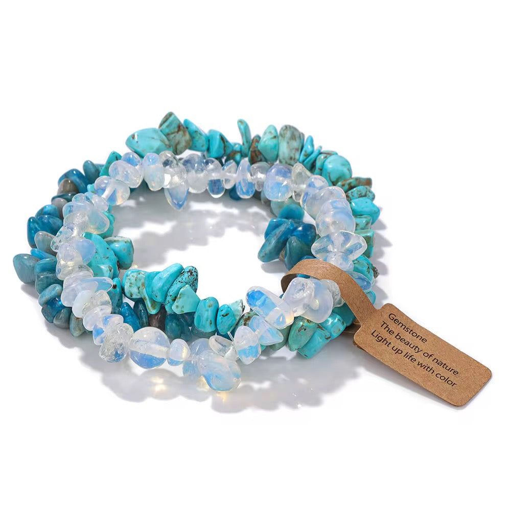 3 Set Natural Stone Crystal Chip Bracelets – Elastic Multi-Layer Design