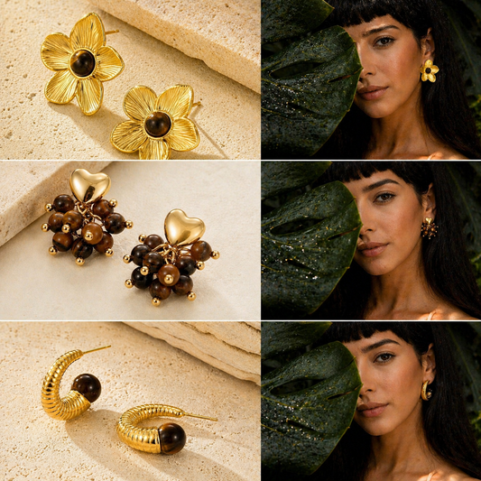 Earrings with Natural Tiger Eye Stone