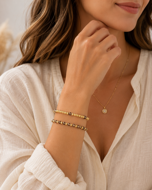 Gold Beaded Natural Stone Bracelet Set | Stackable Women’s Jewelry | SweetTouch
