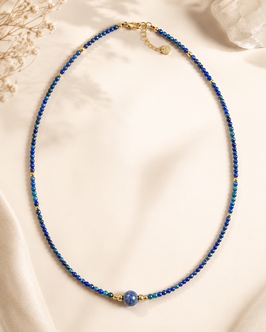 Natural Lapis Lazuli Beaded Necklace | 18K Gold Accents | Spiritual Jewellery
