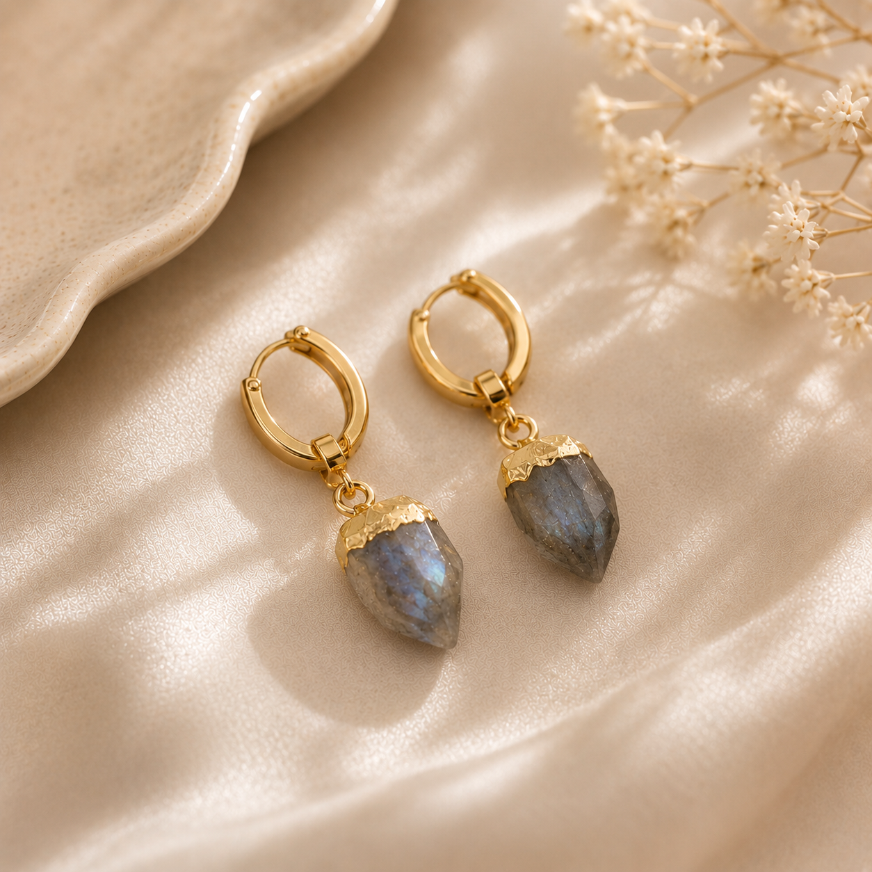 18K Gold Filled Crystal Drop Earrings – Natural Stone Huggies