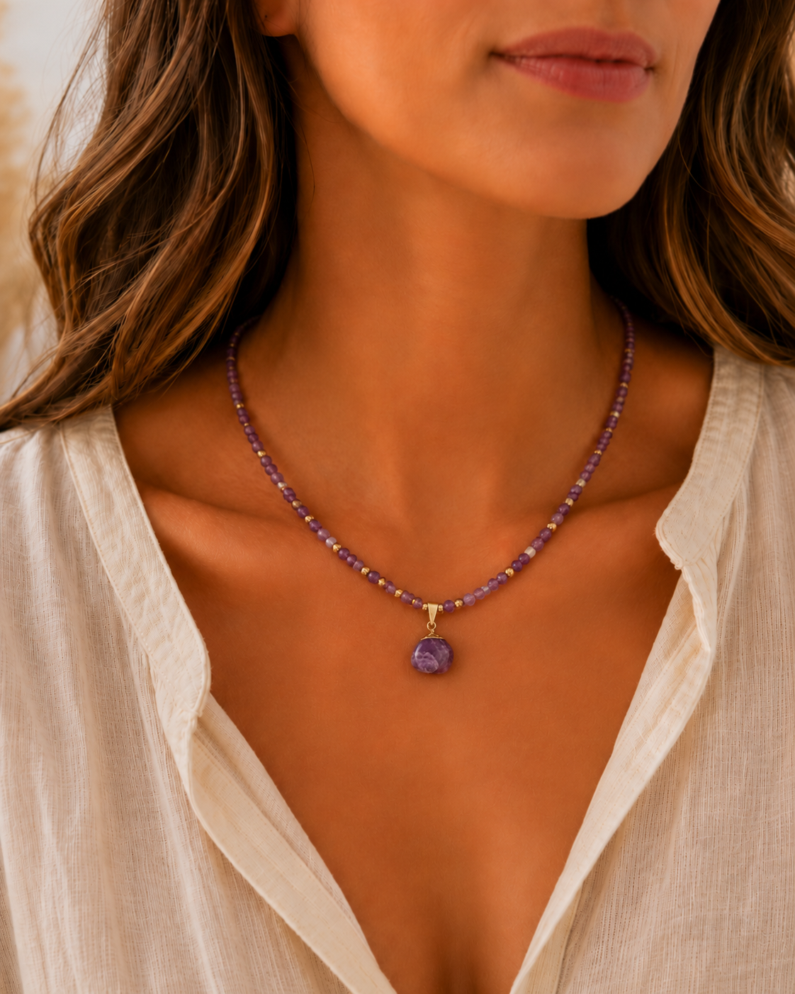 Natural Crystal Beaded Necklace | Green Aventurine, Lapis Lazuli & Amethyst | Gold-Tone Gemstone Jewelry