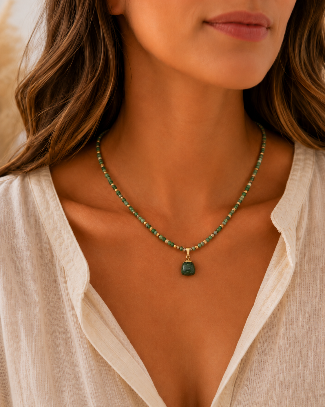Natural Crystal Beaded Necklace | Green Aventurine, Lapis Lazuli & Amethyst | Gold-Tone Gemstone Jewelry