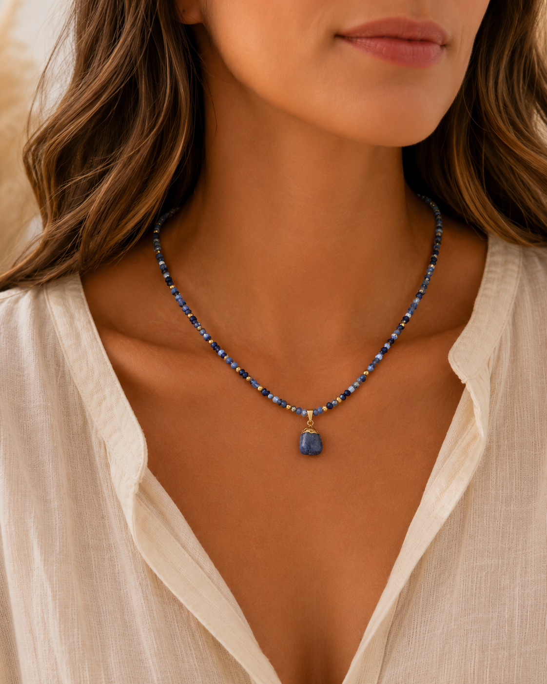 Natural Crystal Beaded Necklace | Green Aventurine, Lapis Lazuli & Amethyst | Gold-Tone Gemstone Jewelry