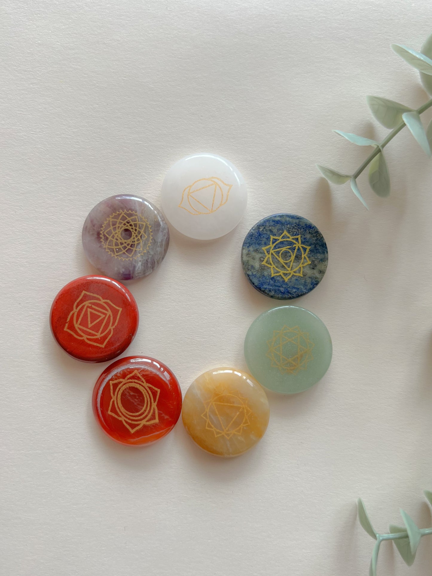 7 Chakra Crystal Disc Set with Reiki Symbols – Energy Healing Stones