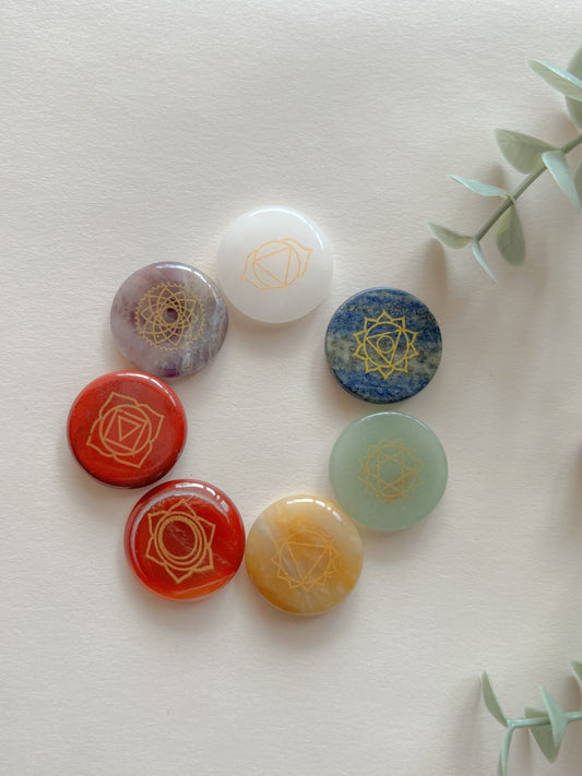 7 Chakra Crystal Disc Set with Reiki Symbols – Energy Healing Stones